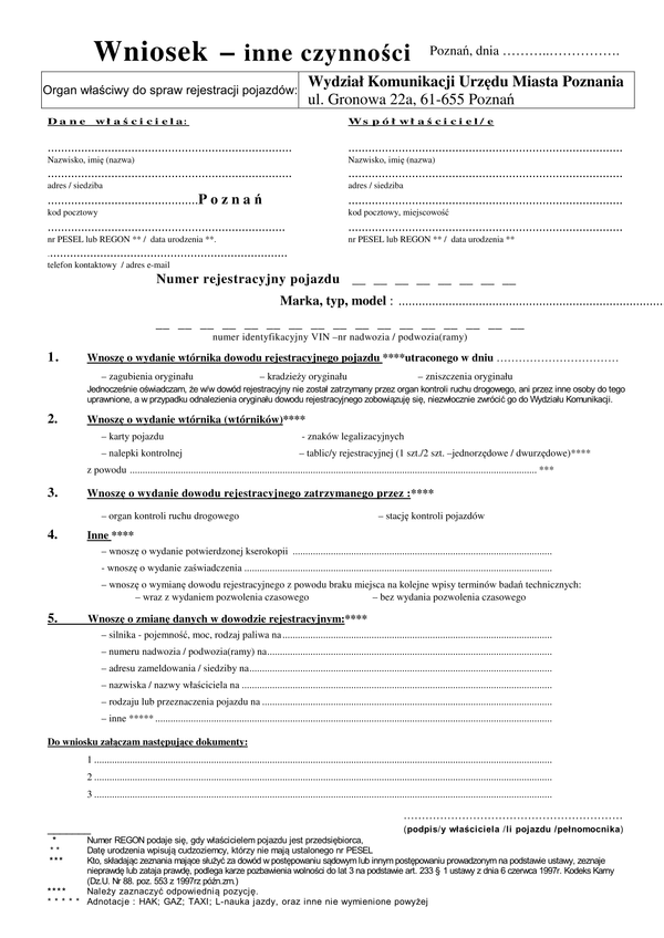 WoWDT-Po (od 2014) (archiwalny) Wniosek o wydanie wtórnika dowodu rejestracyjnego lub innych dokumentów pojazdu - inne czynności - Poznań
