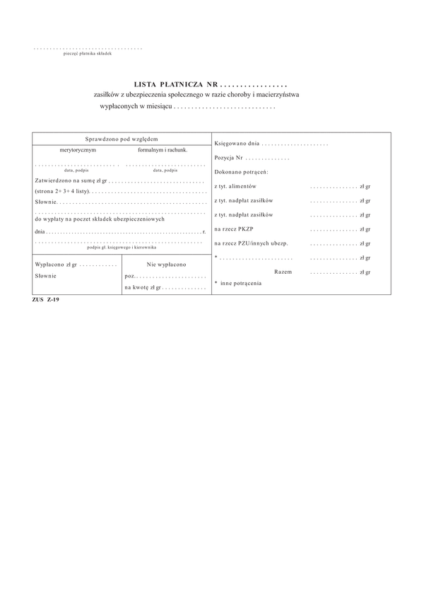 ZUS Z-19 (archiwalny) Lista płatnicza zasiłków z ubezpieczenia społecznego w razie choroby i macierzyństwa