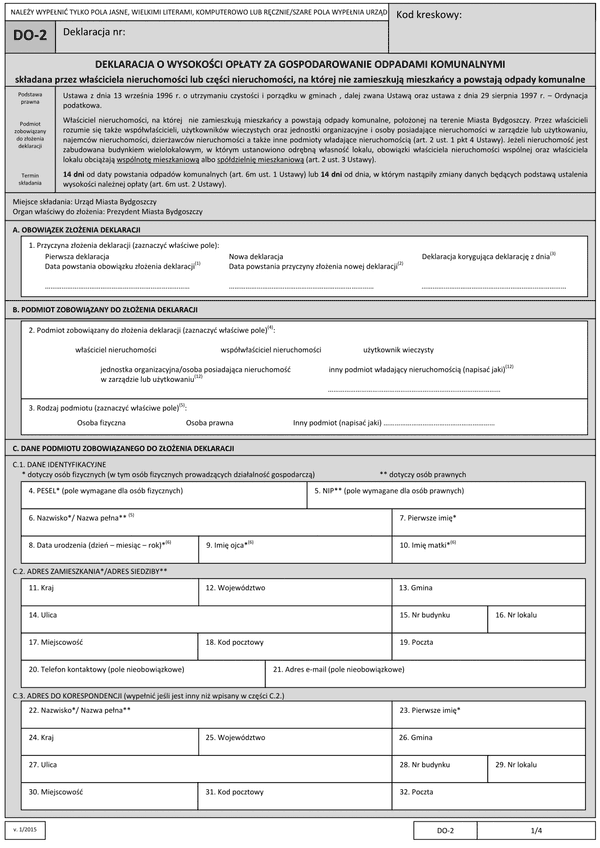 DO-2 B (2) (archiwalny) Deklaracja o wysokości opłaty za gospodarowanie odpadami komunalnymi składana przez właściciela nieruchomości lub części nieruchomości, na której nie zamieszkują mieszkańcy