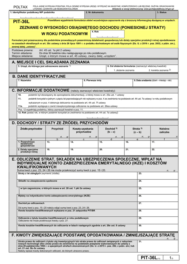 PIT-36L (13) (archiwalny) (2017) Zeznanie o wysokości osiągniętego dochodu (poniesionej straty)