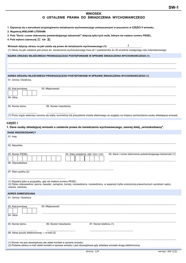 SW-1 (2) (archiwalny) Rodzina 500+ Wniosek o ustalenie prawa do świadczenia wychowawczego