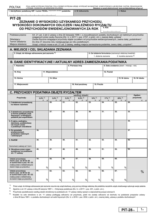 PIT-28 (20) (archiwalny) (2017) Zeznanie o wysokości uzyskanego przychodu, wysokości dokonanych odliczeń i należnego ryczałtu od przychodów ewidencjonowanych za 2017
