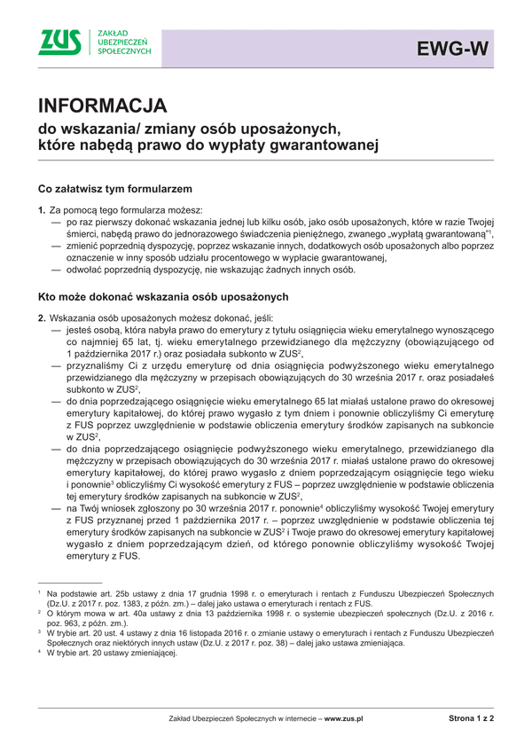 ZUS EWG-W Inf (archiwalny) Informacja do wskazania / zmiany osób uposażonych, które nabędą prawo do wypłaty gwarantowanej