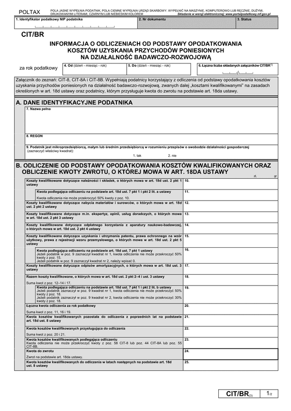 CIT/BR (3) (archiwalny) Informacja o odliczeniach od podstawy opodatkowania kosztów kwalifikowanych