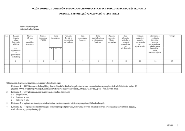 EOBR-R Wzór ewidencji obiektów budowlanych rozpoczynanych i oddawanych do użytkowania, ewidencja rurociągów, przewodów linii i sieci