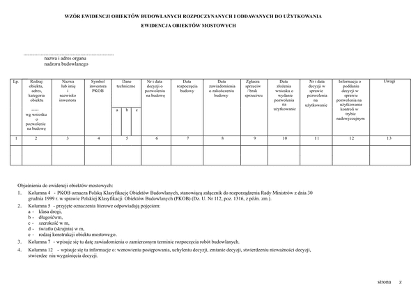 EOBR-M Wzór ewidencji obiektów budowlanych rozpoczynanych i oddawanych do użytkowania, ewidencja obiektów mostowych
