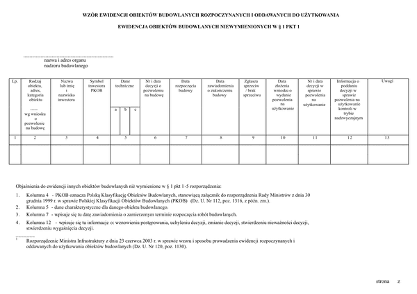 EOBR-B Wzór ewidencji obiektów budowlanych rozpoczynanych i oddawanych do użytkowania, ewidencja obiektów budowlanych