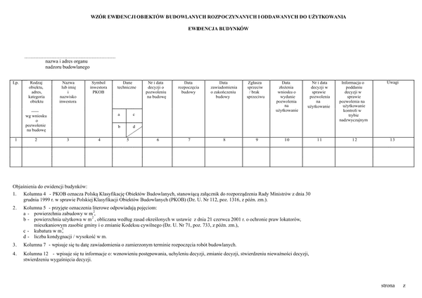 EOBR-BD Wzór ewidencji obiektów budowlanych rozpoczynanych i oddawanych do użytkowania, ewidencja budynków