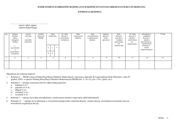 EOBR-BW Wzór ewidencji obiektów budowlanych rozpoczynanych i oddawanych do użytkowania, ewidencja budowli