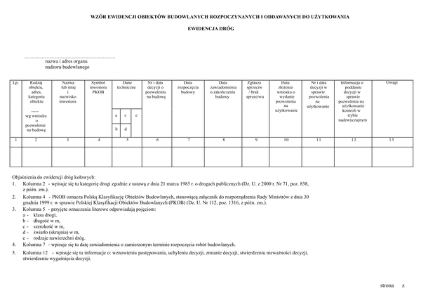 EOBR-D Wzór ewidencji obiektów budowlanych rozpoczynanych i oddawanych do użytkowania, ewidencja dróg