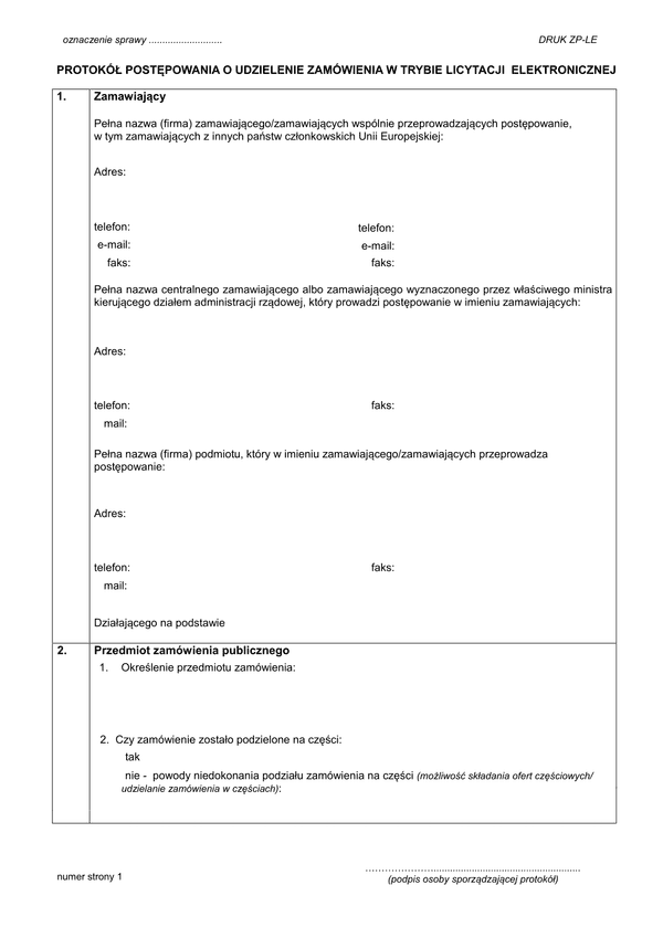 ZP-LE Protokół postępowania o udzielenie zamówienia w trybie licytacji elektronicznej