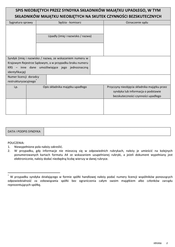 SNPS Spis nieobjętych przez syndyka składników majątku upadłego, w tym składników majątku nieobjętych na skutek czynności bezskutecznych