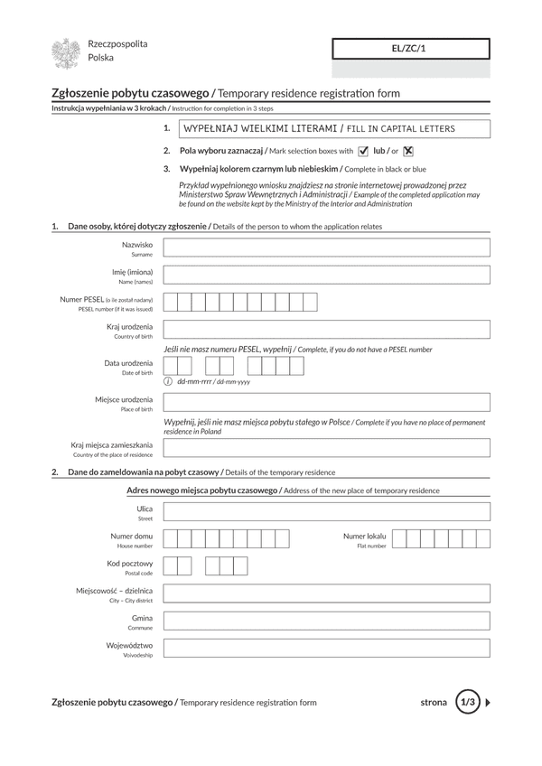 EL/ZC/1 (archiwalny) Zgłoszenie pobytu czasowego