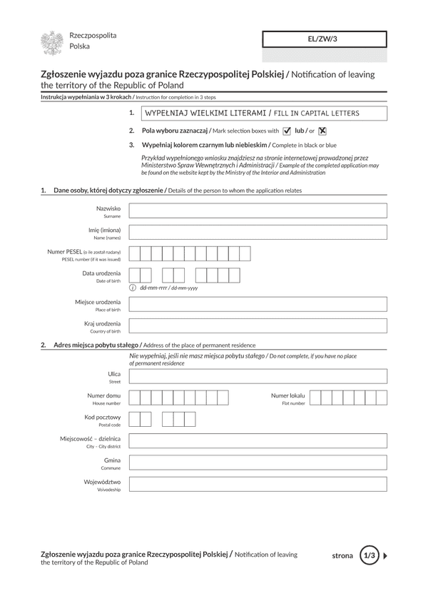 EL/ZP/3 Zgłoszenie wyjazdu poza granice Rzeczypospolitej Polskiej trwającego dłużej niż 6 miesięcy