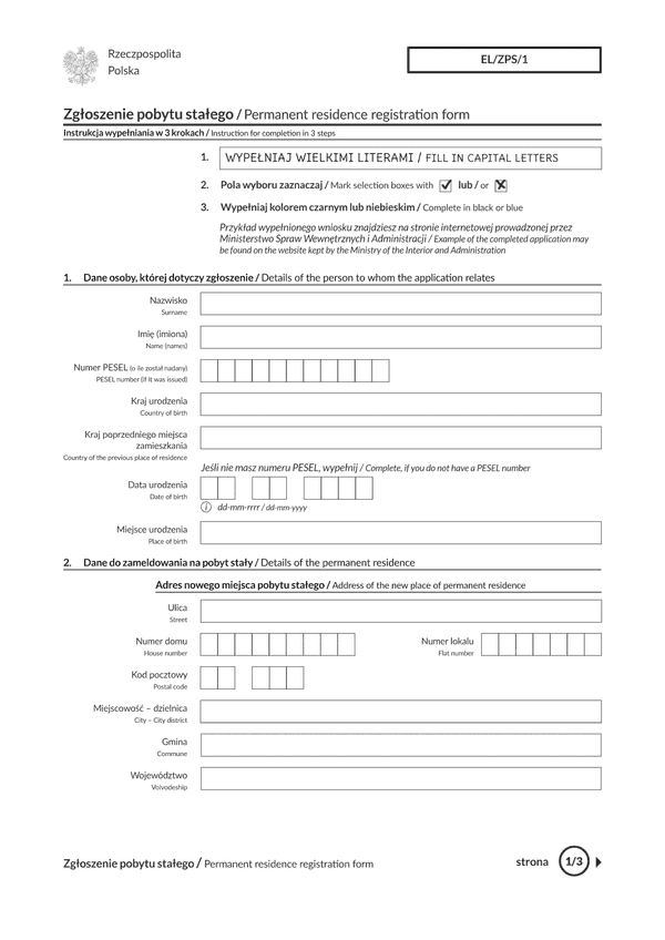 EL/ZPS/1 (archiwalny) Zgłoszenie pobytu stałego