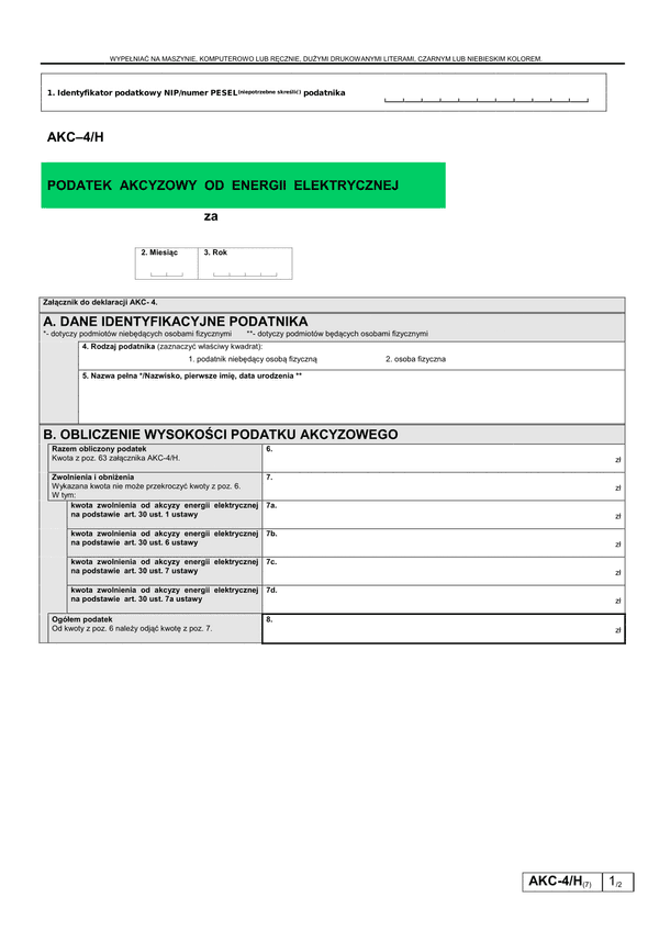 AKC-4/H (7) (archiwalny) Podatek akcyzowy od energii elektrycznej