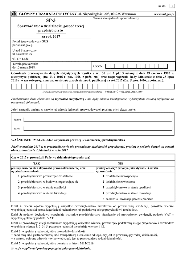 GUS SP-3 (2017) (archiwalny) Sprawozdanie o działalności gospodarczej przedsiębiorstw za rok 2017