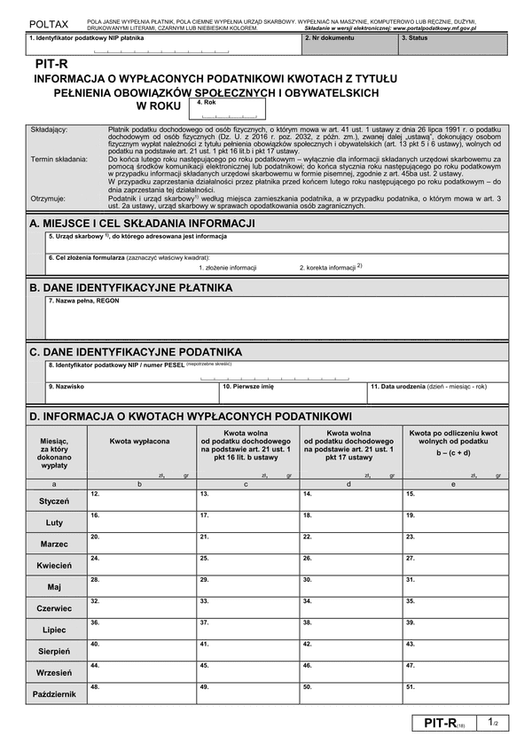 PIT-R (18) (archiwalny) (2018) Informacja o wypłaconych podatnikowi kwotach z tytułu pełnienia obowiązków społecznych i obywatelskich (PIT-R / PIT-RZ)