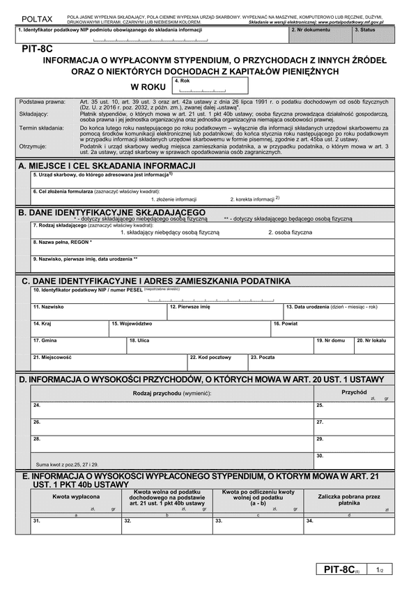 PIT-8C (8) (archiwalny) (2018) Informacja o wypłaconym stypendium, o przychodach z innych źródeł oraz o niektórych dochodach z kapitałów pieniężnych (PIT-8C / PIT-8CZ)