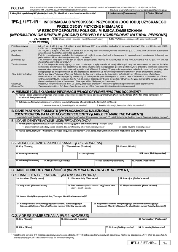 IFT-1R (13) (archiwalny) (2018) Informacja o wysokości przychodu (dochodu) uzyskanego przez osoby fizyczne niemające w Polsce miejsca zamieszkania