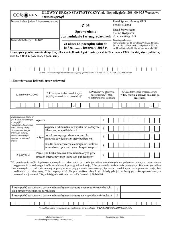 GUS Z-03 (2018) (archiwalny) Sprawozdanie o zatrudnieniu i wynagrodzeniach
