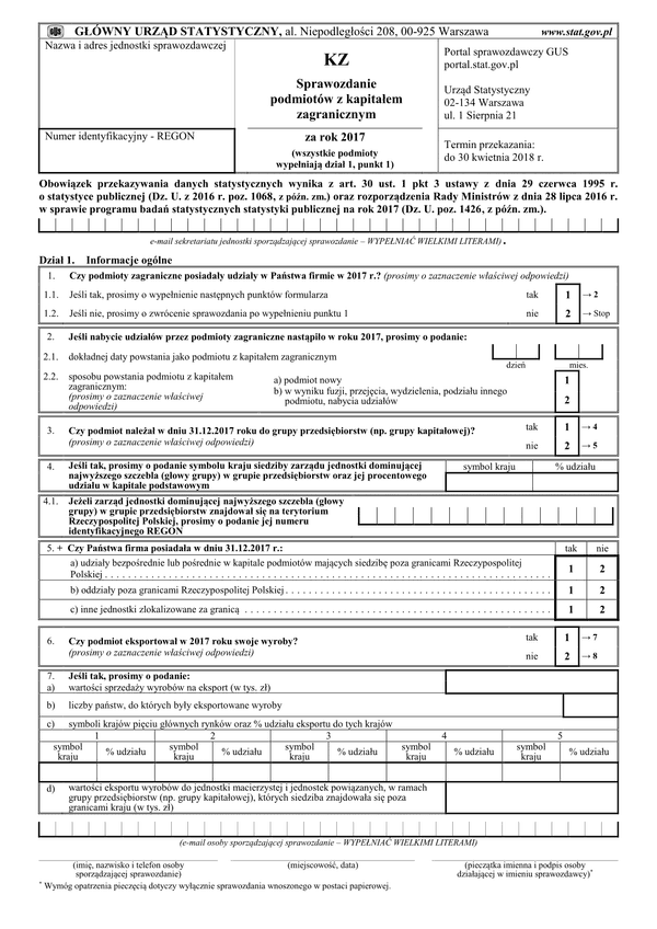 GUS KZ (2017) (archiwalny) Sprawozdanie podmiotów z kapitałem zagranicznym za rok 2017