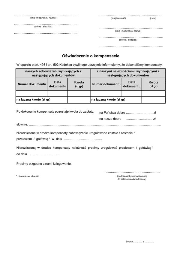 Ookz Oświadczenie o kompensacie zobowiązań