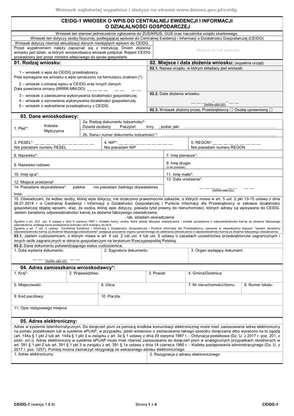 CEIDG-1 (1.8.8) (archiwalny) Wniosek o wpis do centralnej ewidencji i informacji o działalności gospodarczej (od 30 kwietnia 2018)