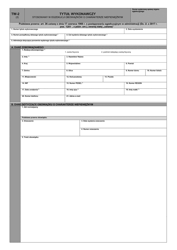 TW-2 (2) (archiwalny) Tytuł wykonawczy stosowany w egzekucji obowiązków o charakterze niepieniężnym
