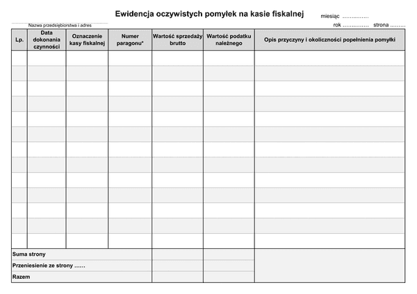 EOPKF Ewidencja oczywistych pomyłek na kasie fiskalnej