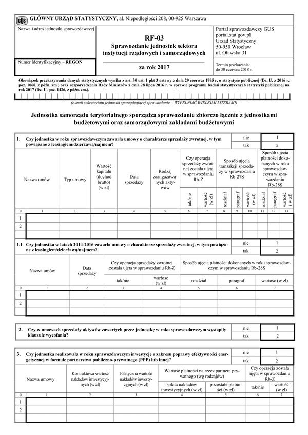 GUS RF-03 (2017) (archiwalny) Sprawozdanie jednostek sektora instytucji rządowych i samorządowych