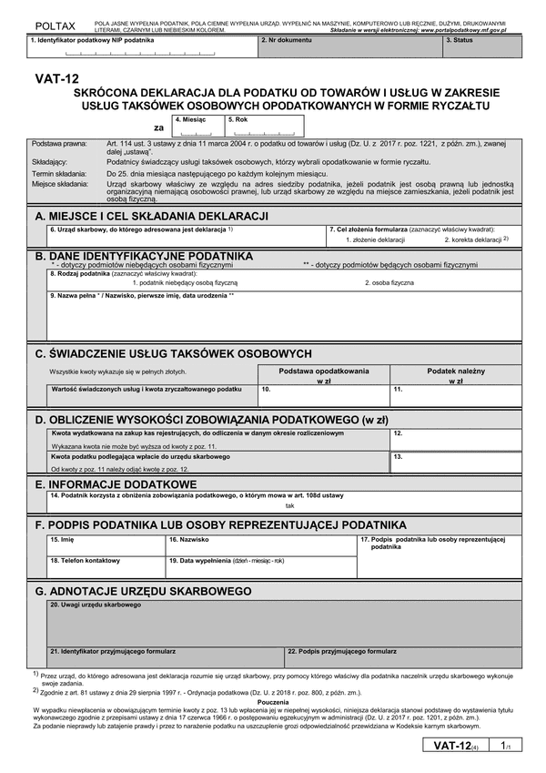VAT-12 (4) Skrócona deklaracja dla podatku od towarów i usług w zakresie usług taksówek osobowych opodatkowanych w formie ryczałtu