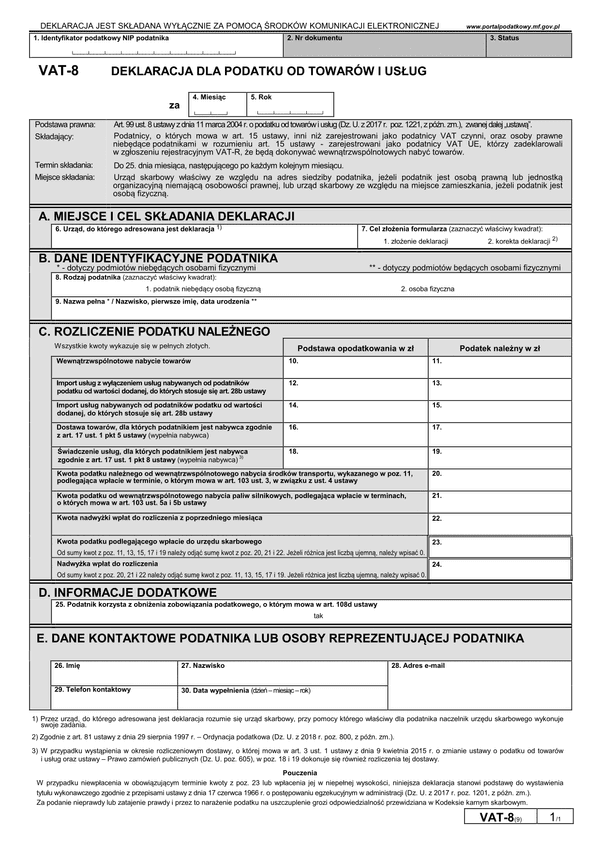 VAT-8 (9) (archiwalny) Deklaracja dla podatku od towarów i usług