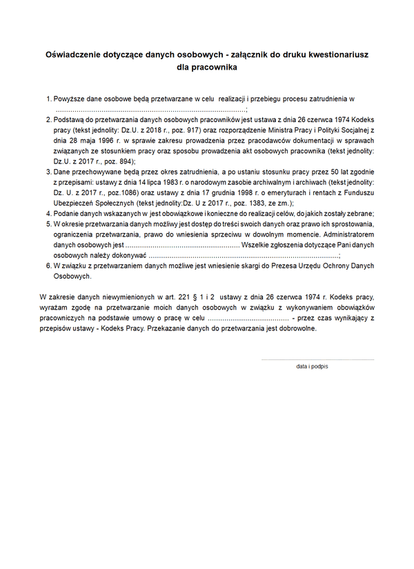 KOP-zal Oświadczenie dotyczące danych osobowych - załącznik do druku kwestionariusz dla pracownika kadry pracownicy