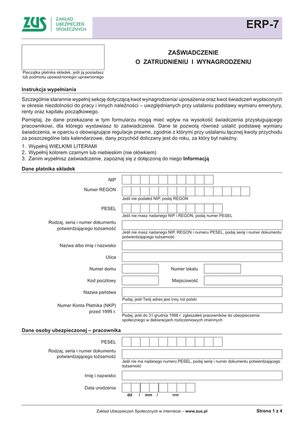 ZUS ERP-7 (archiwalny) Zaświadczenie o zatrudnieniu i wynagrodzeniu