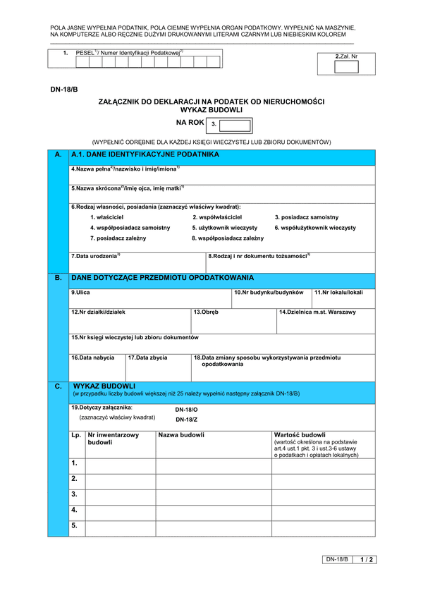 DN-18/B (archiwalny) Załącznik do deklaracji na podatek od nieruchomości wykaz budowli - Warszawa