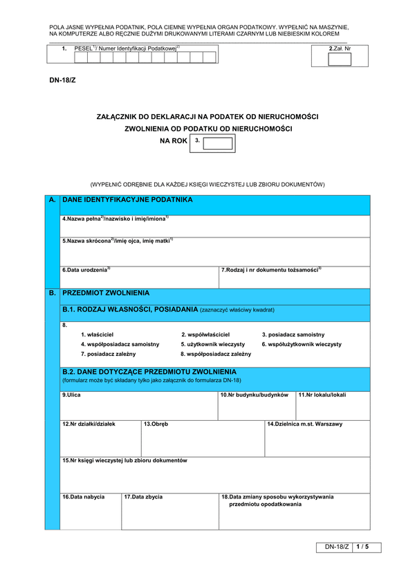 DN-18/Z (archiwalny) Załącznik do deklaracji na podatek od nieruchomości zwolnienia od podatku od nieruchomości - Warszawa