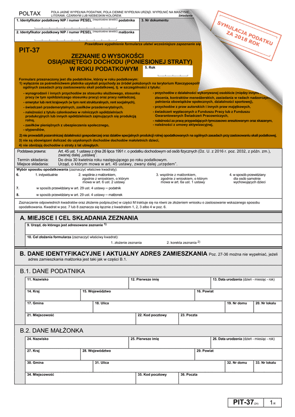 PIT-37 (24) (archiwalny) (2018) Zeznanie o wysokości osiągniętego dochodu (lub poniesionej straty)