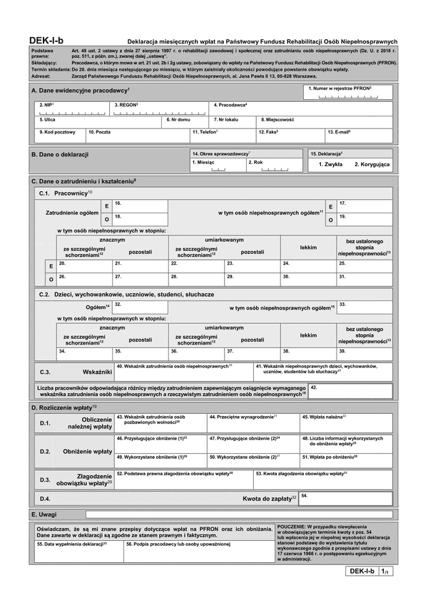 PFRON DEK-I-b (archiwalny) Deklaracja miesięcznych wpłat na Państwowy Fundusz Rehabilitacji Osób Niepełnosprawnych