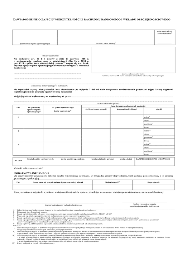 ZoZRB (archiwalny) Zawiadomienie o zajęciu wierzytelności z rachunku bankowego i wkładu oszczędnościowego