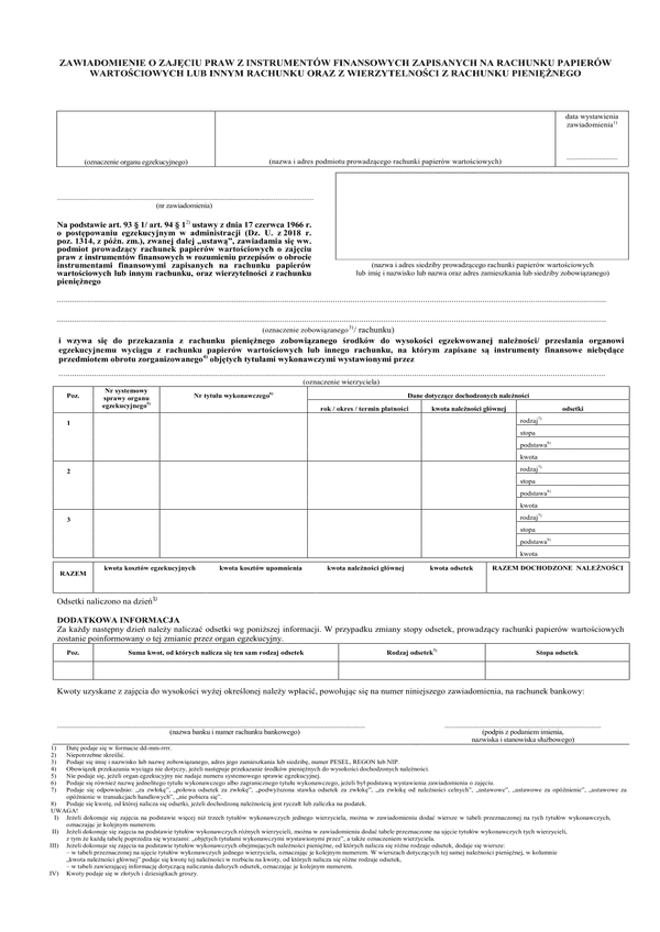 ZoZPIF (archiwalny) Zawiadomienie o zajęciu praw z instrumentów finansowych zapisanych na rachunku papierów wartościowych lub innym rachunku oraz z wierzytelności z rachunku pieniężnego