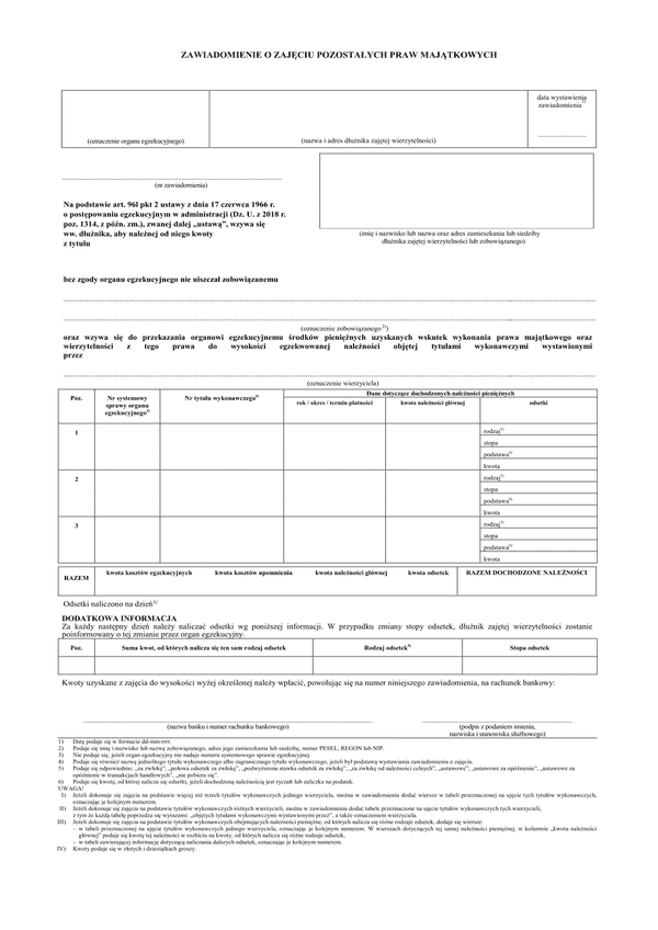 ZoZPPM (archiwalny) Zawiadomienie o zajęciu pozostałych praw majątkowych