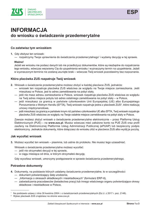 ZUS ESP Inf (archiwalny) Informacja do wniosku o świadczenie przedemerytalne