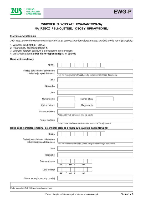 ZUS EWG-P Wniosek o wypłatę gwarantowaną na rzecz pełnoletniej osoby uprawnionej