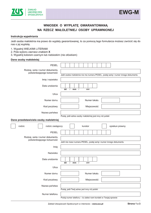 ZUS EWG-M Wniosek o wypłatę gwarantowaną na rzecz małoletniej osoby uprawnionej