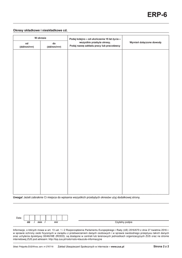 ZUS ERP-6  zal (archiwalny) Informacja dotycząca okresów składkowych i nieskładkowych - załącznik