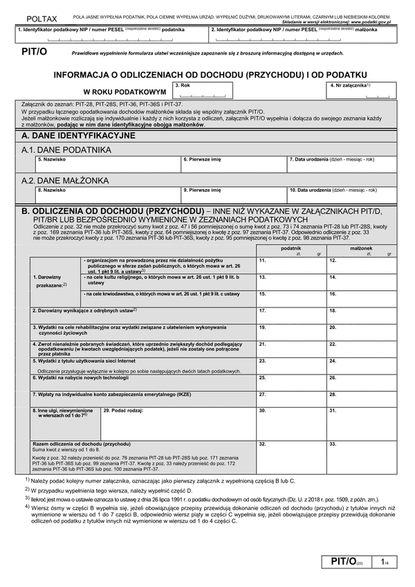 PIT/O (23) (archiwalny) (2018) Informacja o odliczeniach od dochodu (przychodu) i od podatku w roku podatkowym