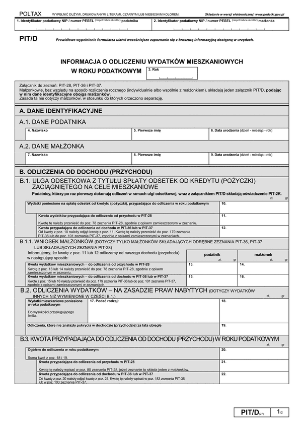 PIT/D (27) (archiwalny) (2018) Informacja o odliczeniu wydatków mieszkaniowych w roku podatkowym
