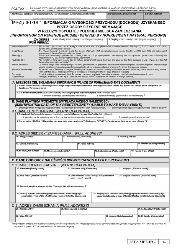 IFT-1R (14) (archiwalny) (2018-2019) Informacja o wysokości przychodu (dochodu) uzyskanego przez osoby fizyczne niemające w Polsce miejsca zamieszkania