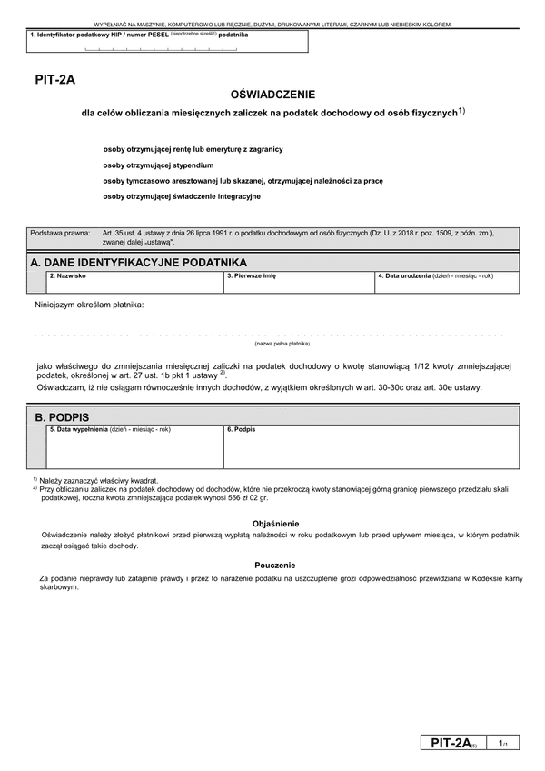 PIT-2A (5) (archiwalny) (2019) Oświadczenie dla celów obliczania miesięcznych zaliczek na podatek dochodowy od osób fizycznych